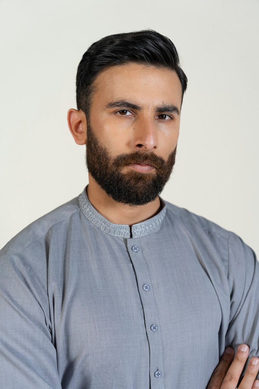 Slate Blue Silk Blend 2-Piece Kurta | Band Collar