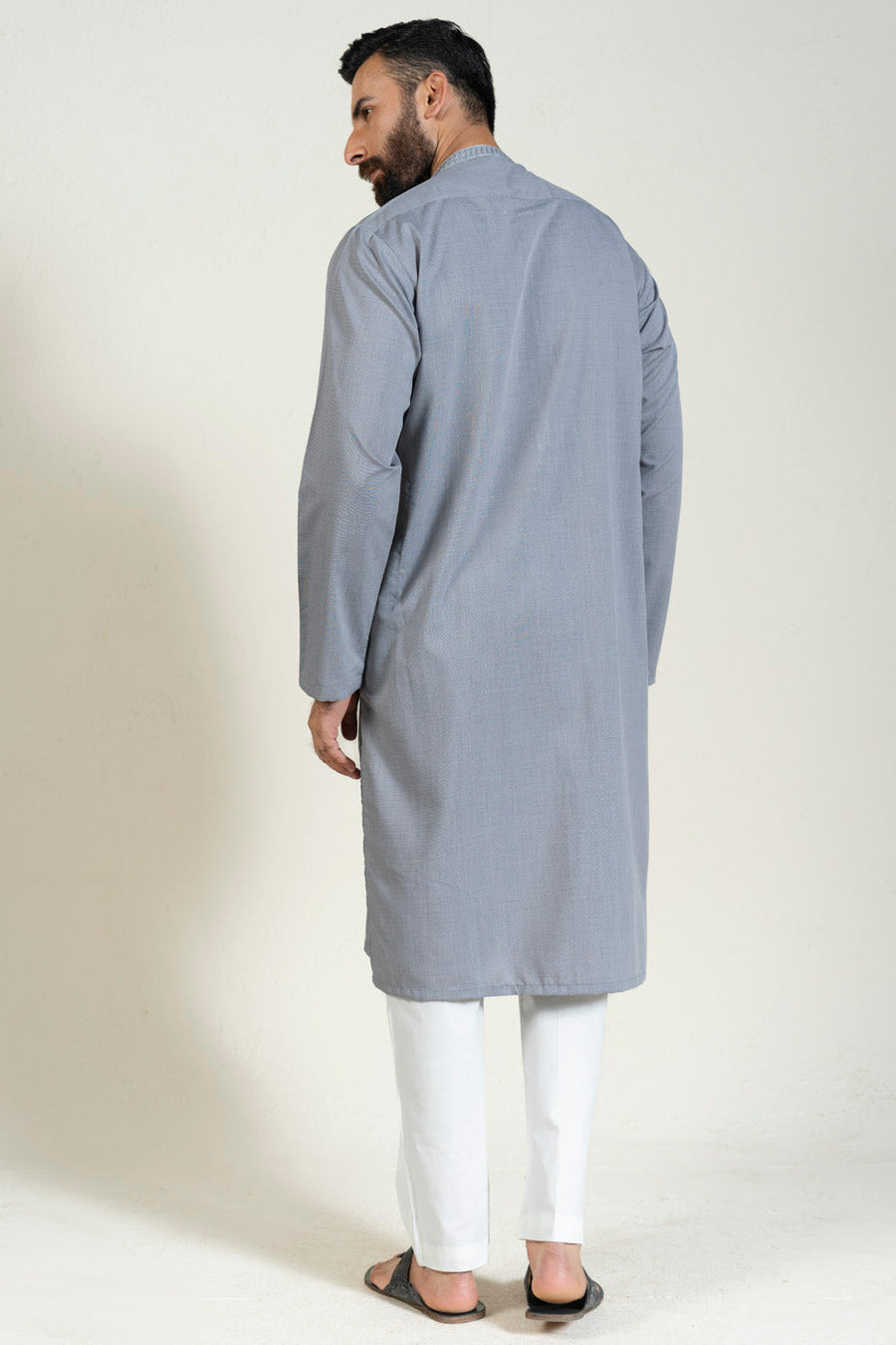 Slate Blue Silk Blend 2-Piece Kurta | Band Collar