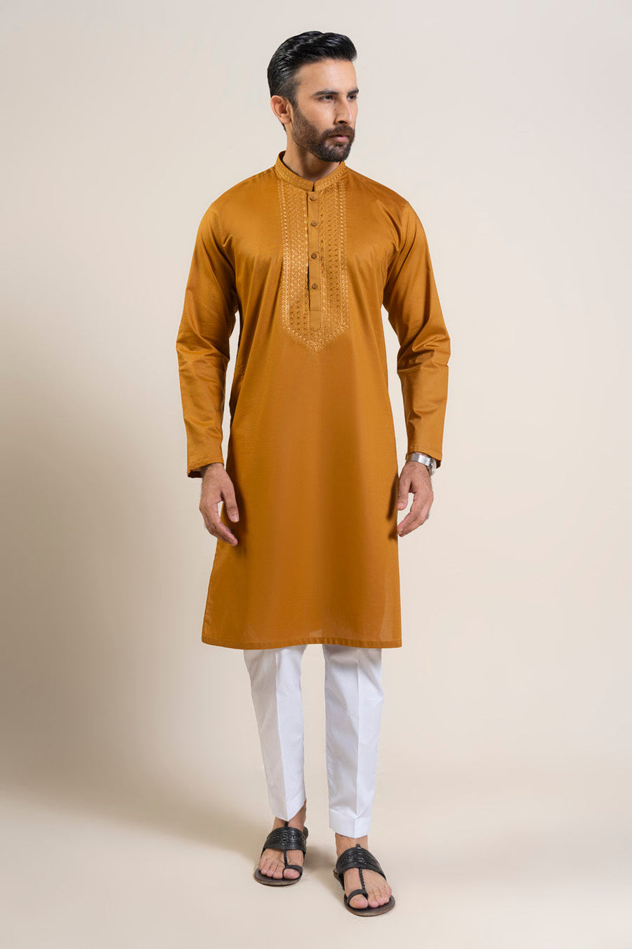 Mustard Cotton Kurta | Hand-Embroidered Chest Panel