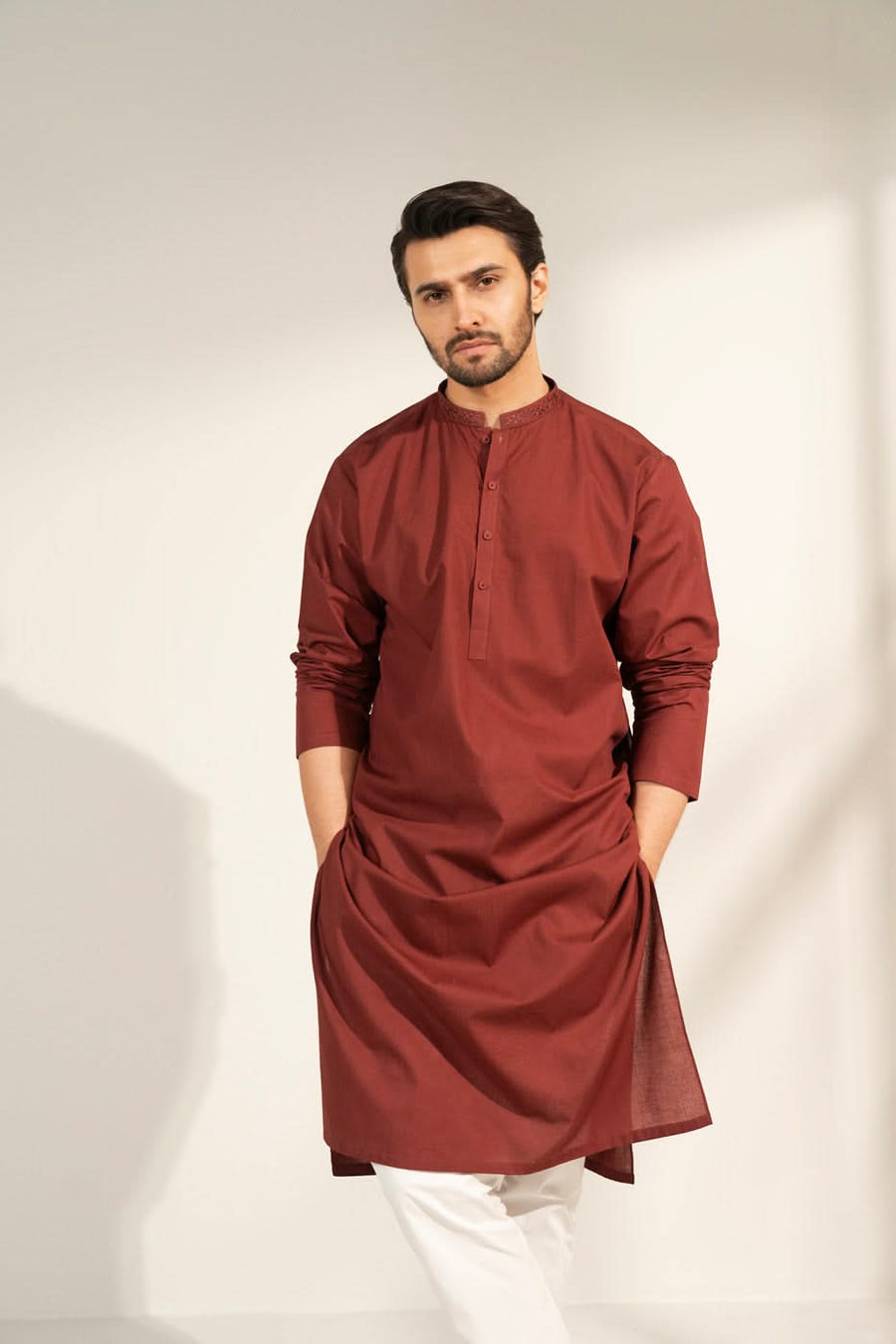 Rust Silk Kurta | Hand-Embroidered Placket & Yoke