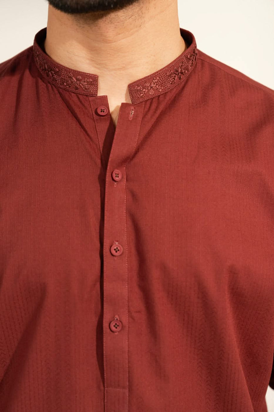 Rust Silk Kurta | Hand-Embroidered Placket & Yoke