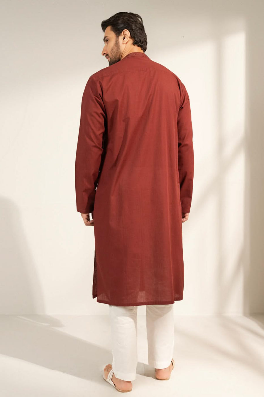Rust Silk Kurta | Hand-Embroidered Placket & Yoke
