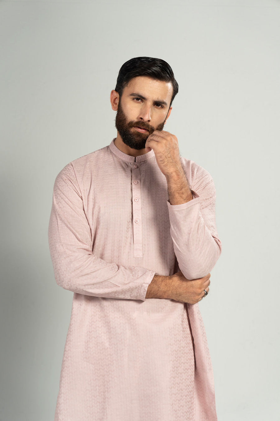 Dusty Rose Jacquard 2-Piece Kurta | Band Collar