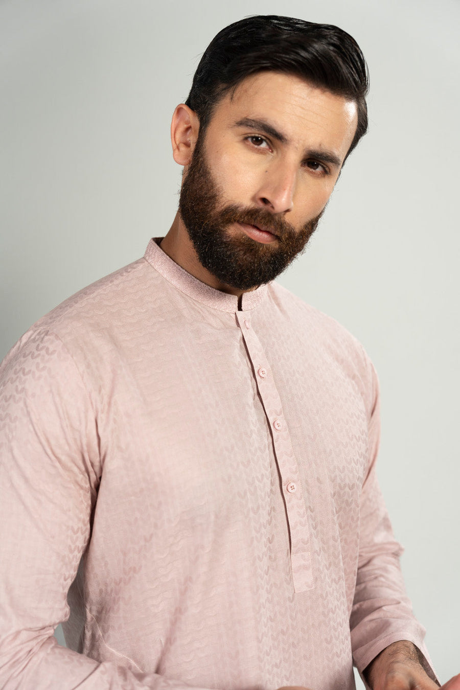 Dusty Rose Jacquard 2-Piece Kurta | Band Collar