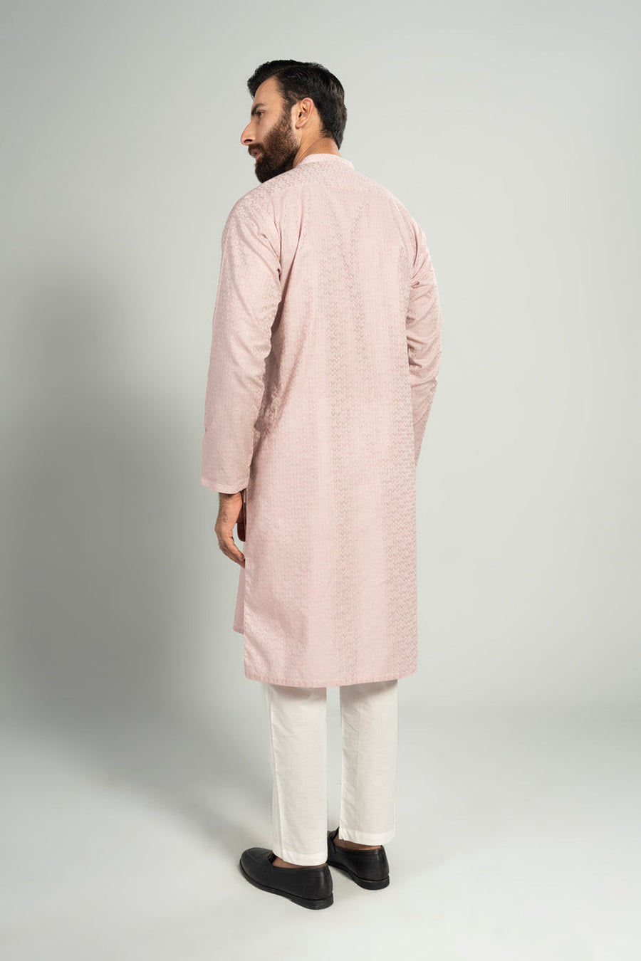 Dusty Rose Jacquard 2-Piece Kurta | Band Collar