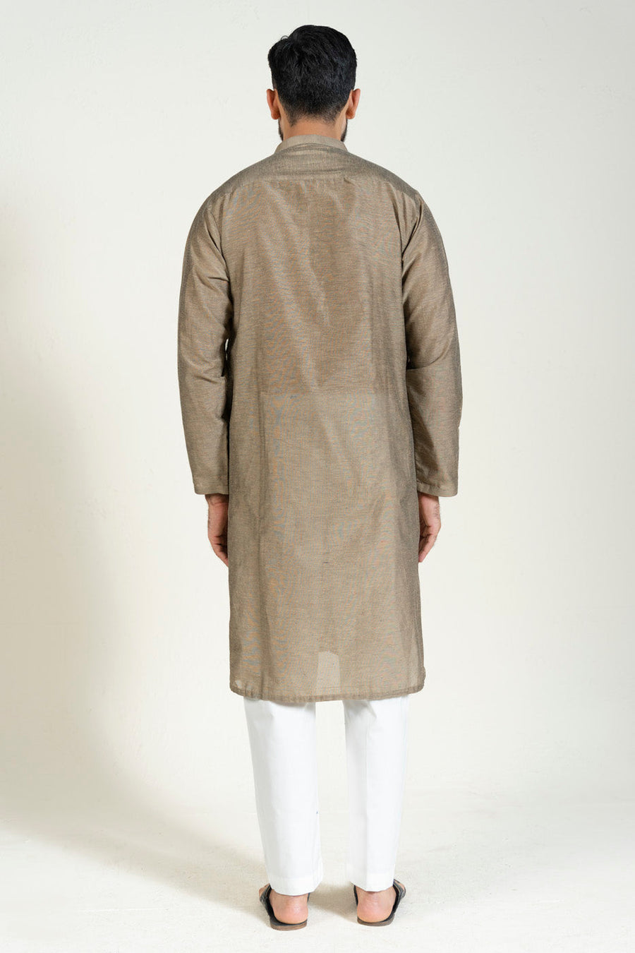 Taupe Cotton 2-Piece Kurta | Band Collar Yarn-Dyed