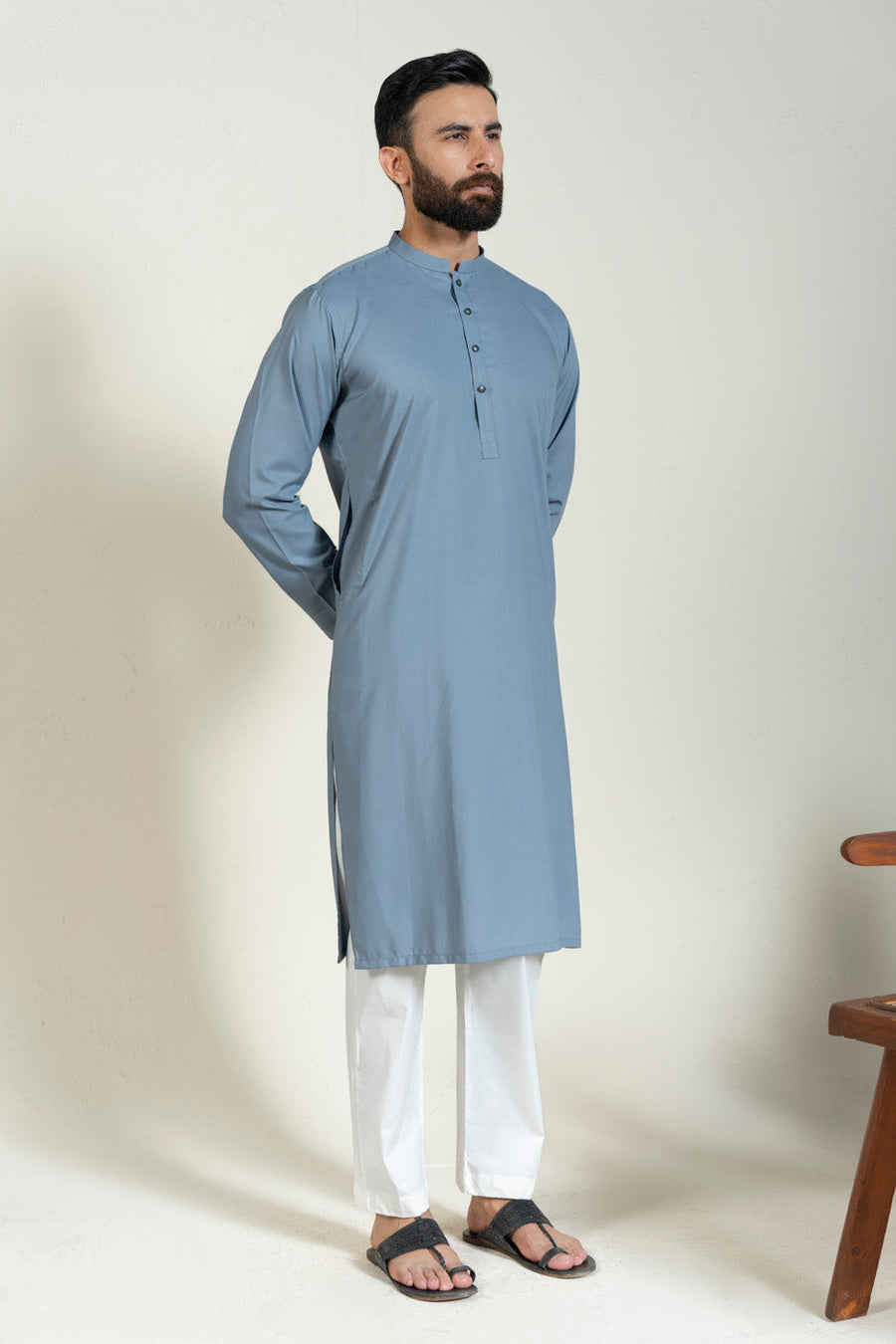 Slate Blue Silk Blend 2-Piece Kurta | Band Collar
