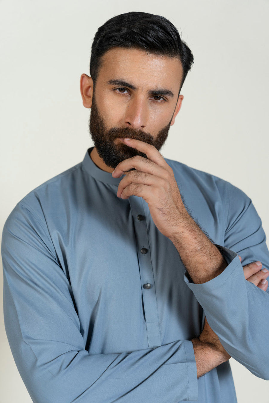 Slate Blue Silk Blend 2-Piece Kurta | Band Collar