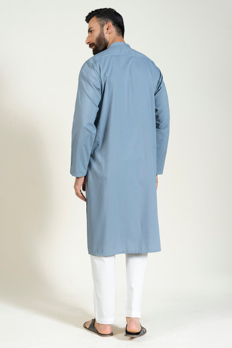 Slate Blue Silk Blend 2-Piece Kurta | Band Collar