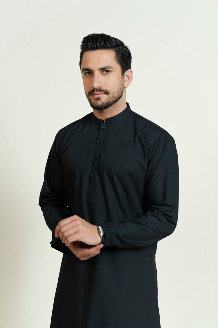 Midnight Navy Silk Blend 2-Piece Kurta | Band Collar