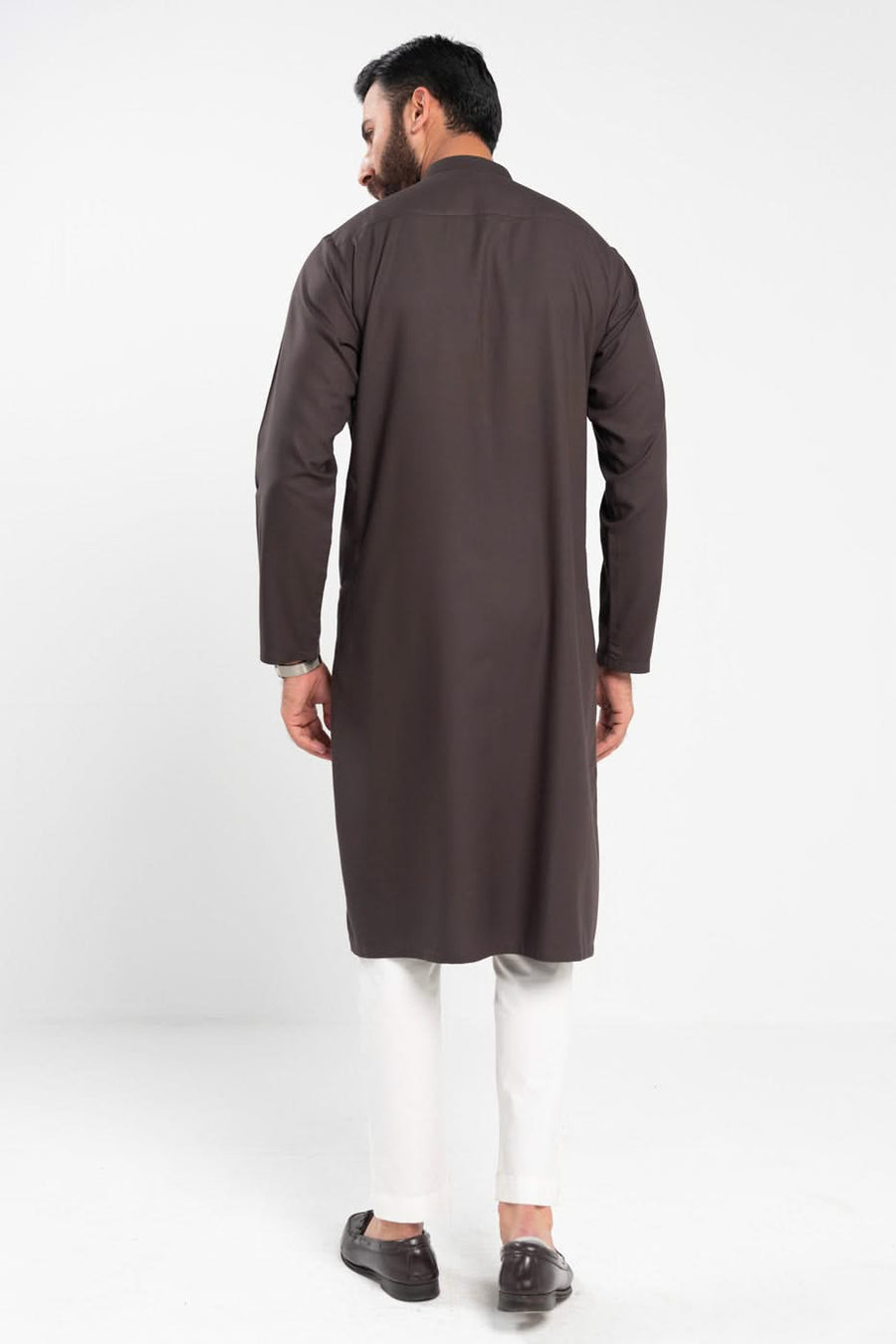 Chocolate Brown Silk Blend 2-Piece Kurta | Band Collar