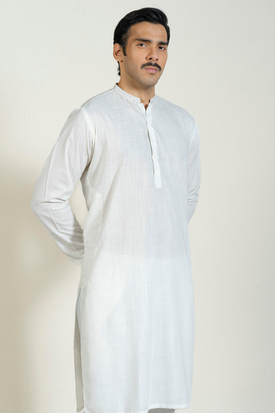 Off-White Linen 2-Piece Kurta Set | Mandarin Collar