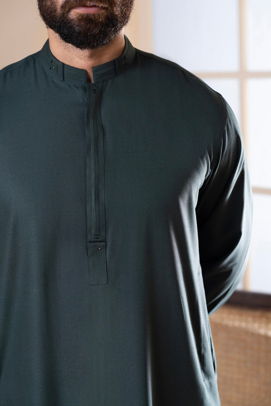 Sage Crepe 2-Piece kurta-shalwar | Band Collar