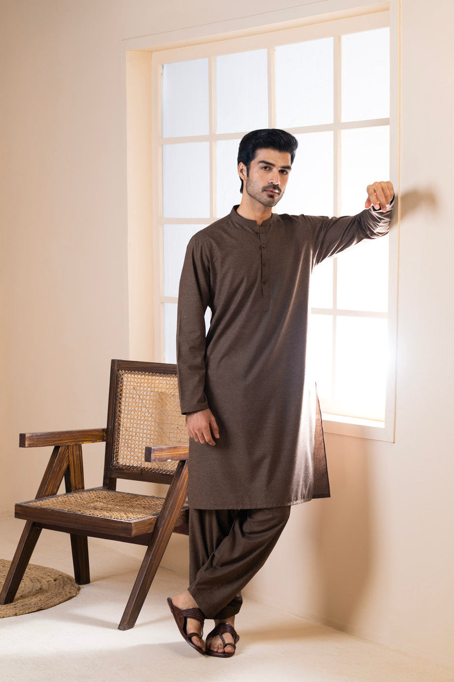 Chocolate Brown Linen 2-Piece Kurta Set | Band Collar