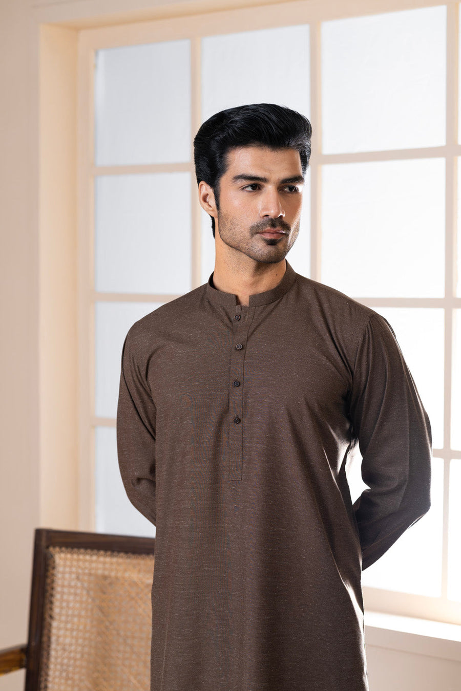Chocolate Brown Linen 2-Piece Kurta Set | Band Collar