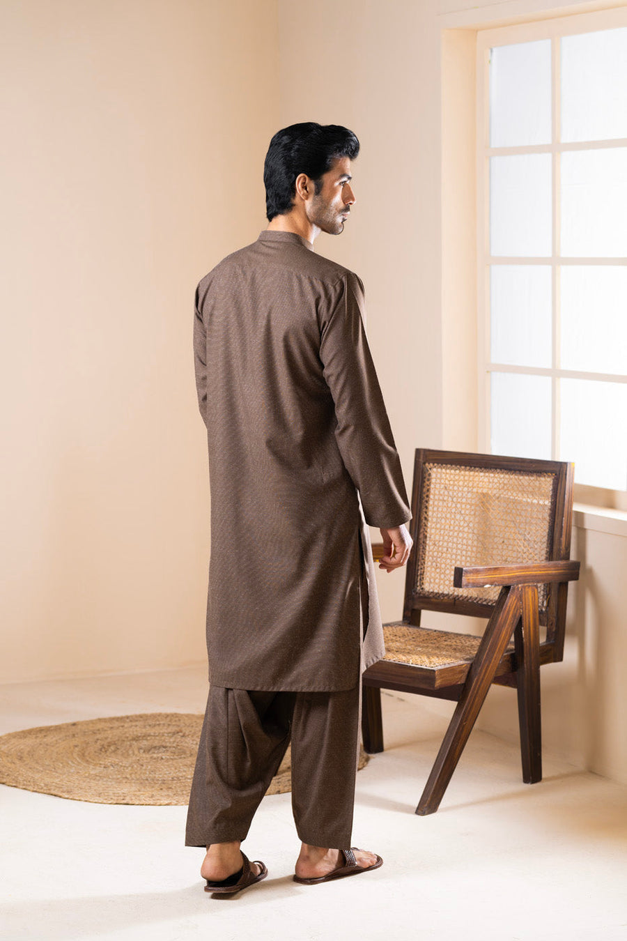 Chocolate Brown Linen 2-Piece Kurta Set | Band Collar