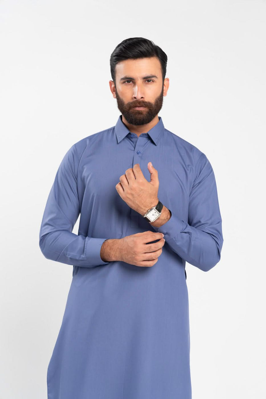 Slate Blue Silk-Blend 2-Piece Kurta Set | Crisp Collar