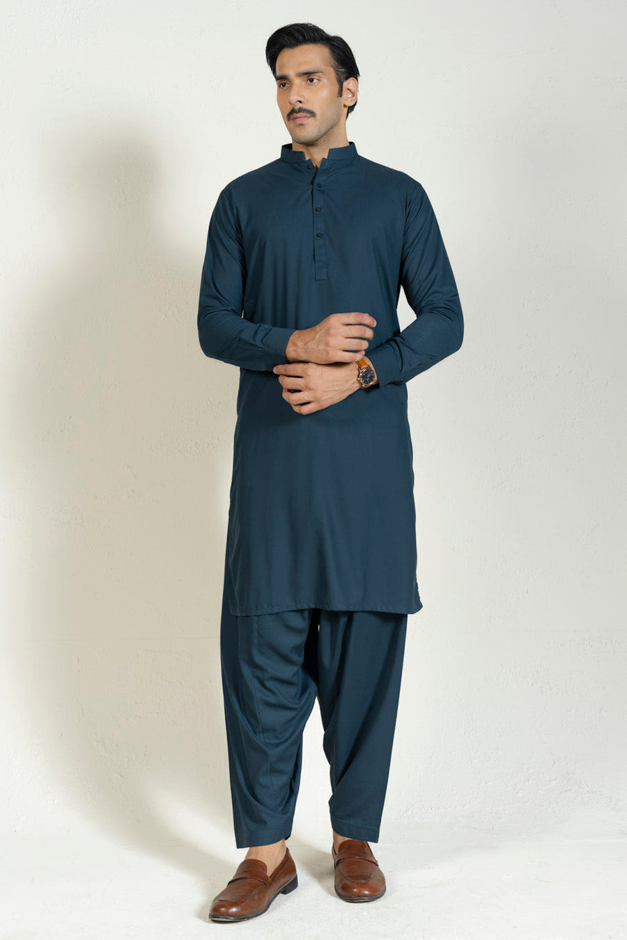 Teal Egyptian Cotton 2-Piece Kurta Set | Band Collar