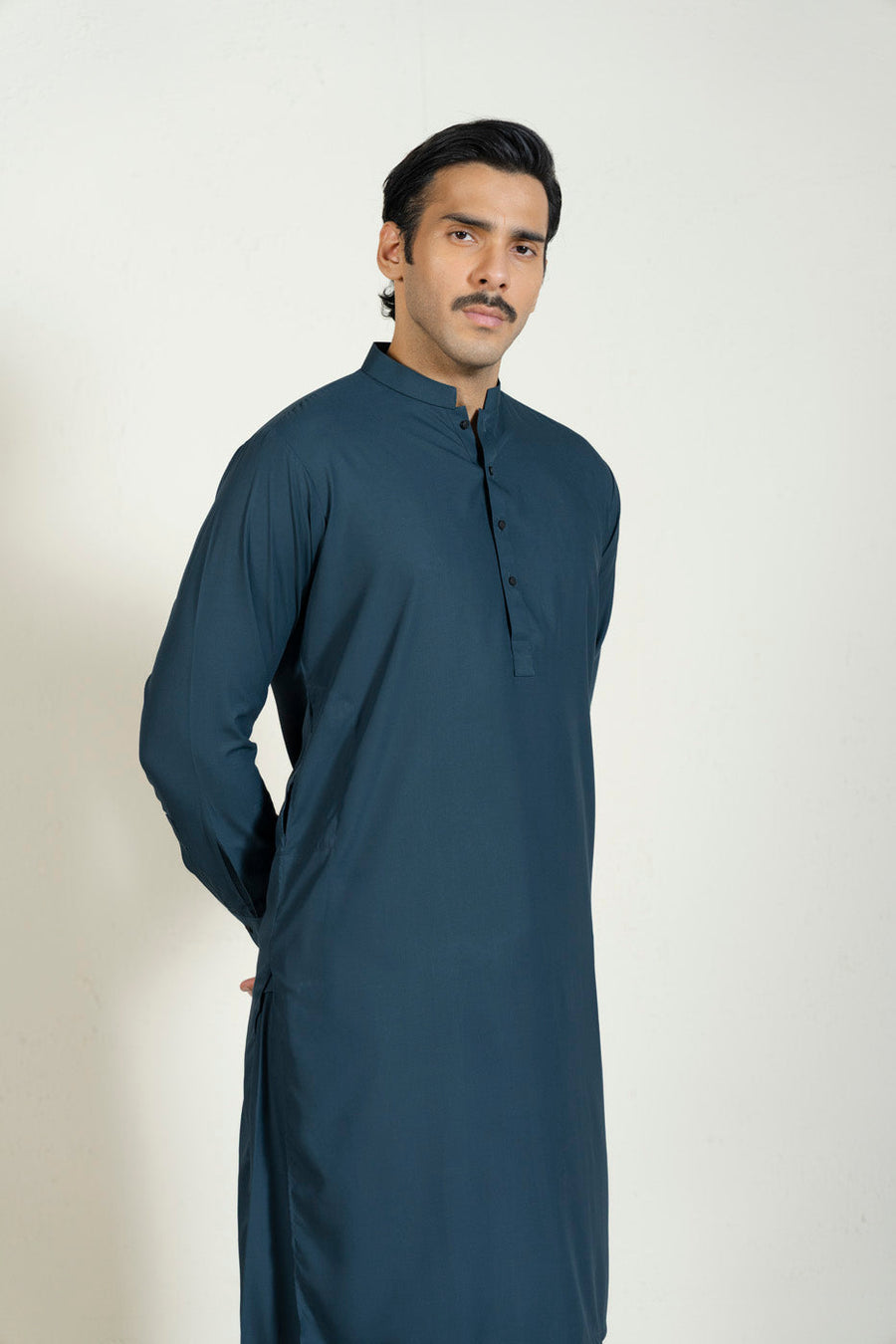 Teal Egyptian Cotton 2-Piece Kurta Set | Band Collar