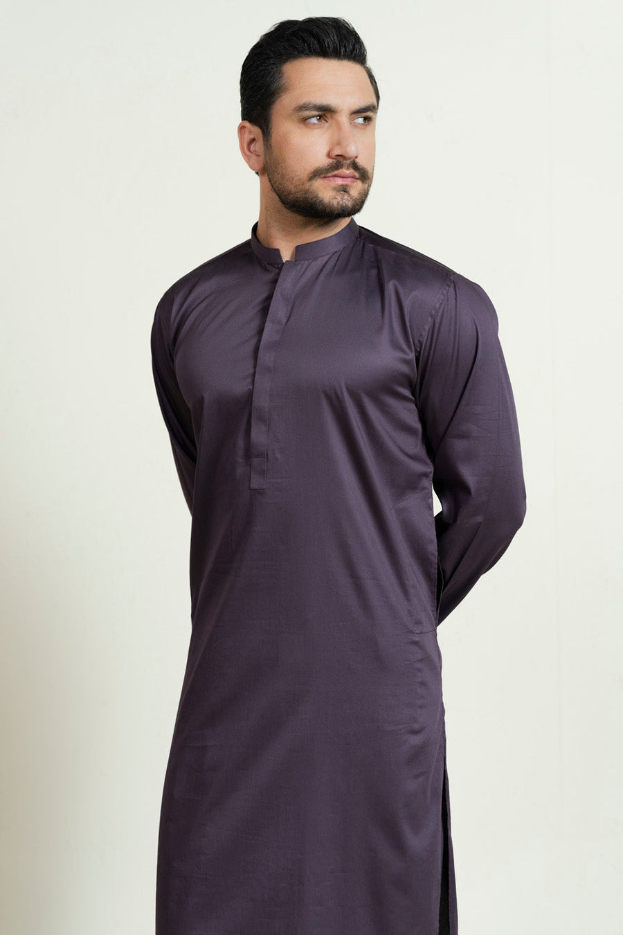 Plum Silk Blend 2-Piece kurta-shalwar | Band Collar