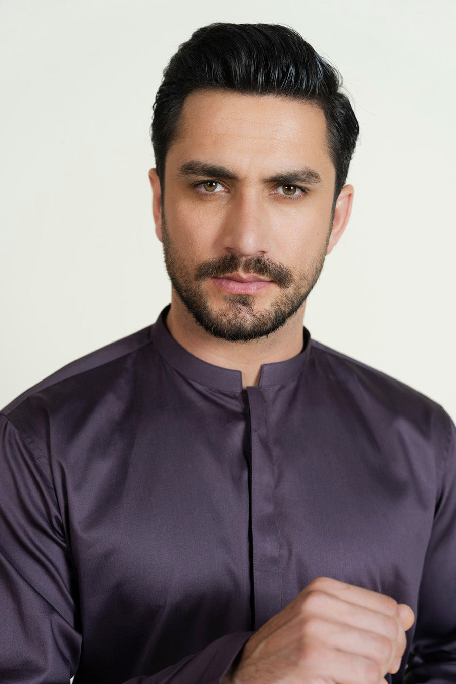 Plum Silk Blend 2-Piece kurta-shalwar | Band Collar