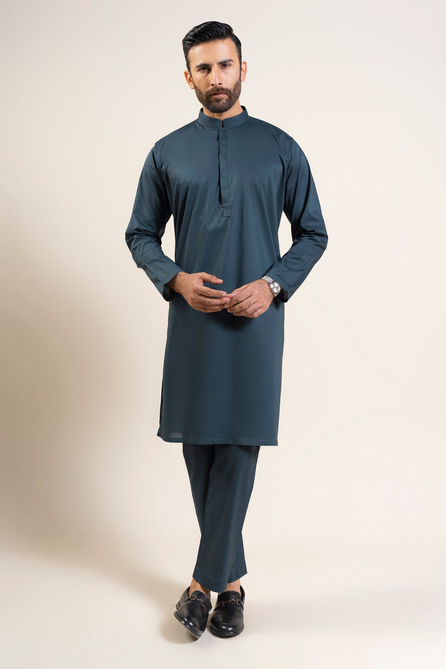 Slate Blue Cotton 2-Piece Kurta Set | Half-Button Collar