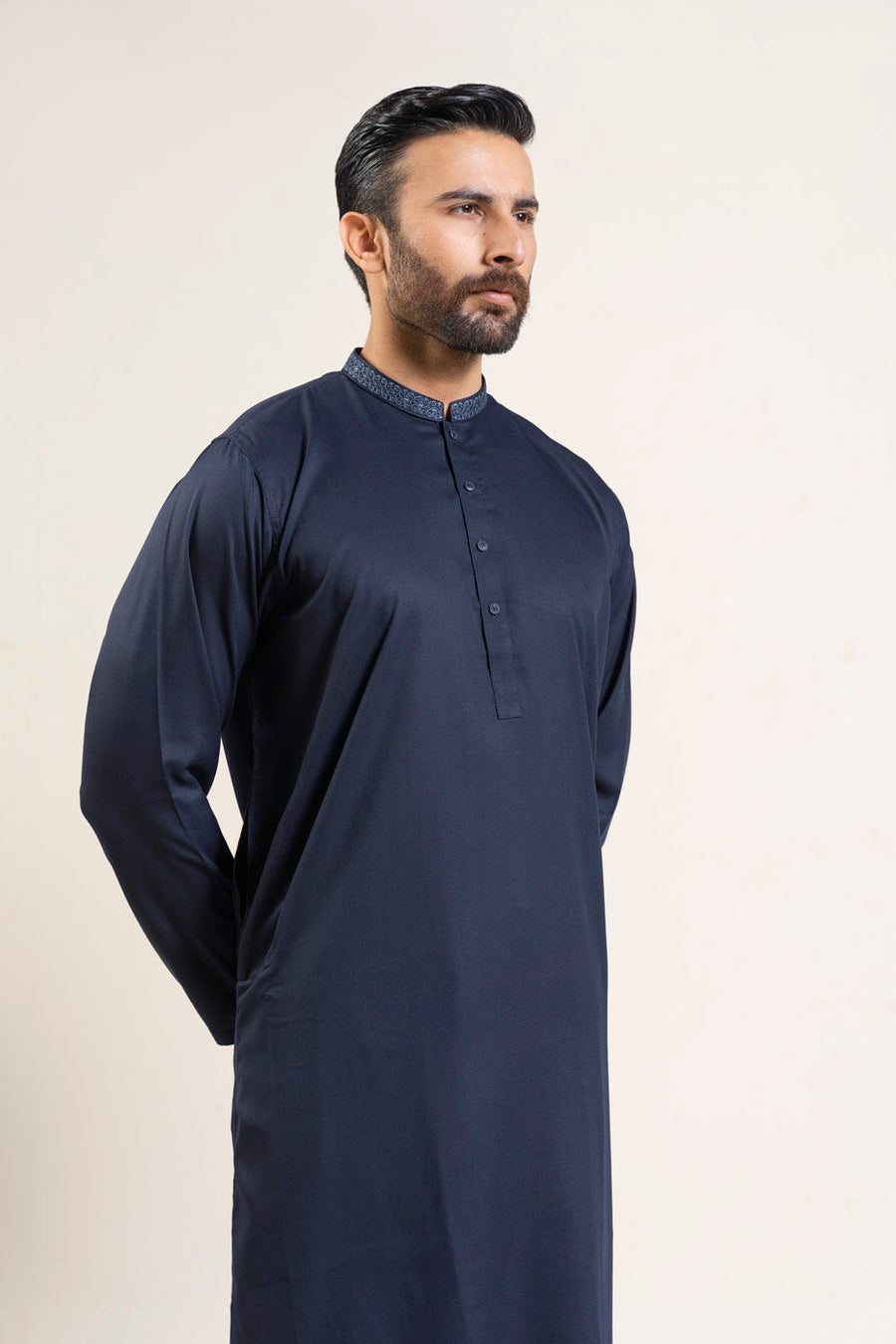 Midnight Navy Cotton 2-Piece Kurta | Band Collar Design