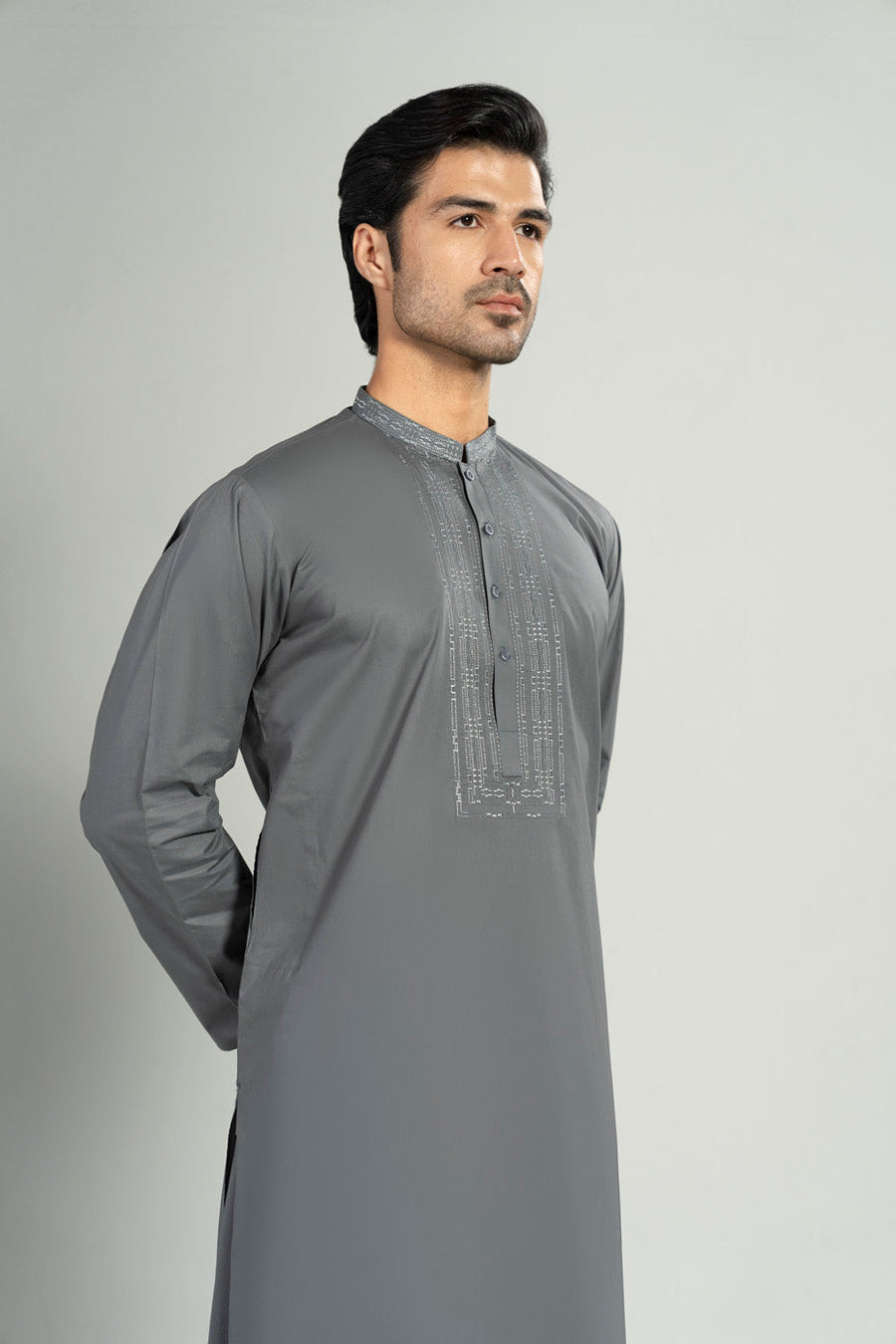 Slate Gray Silk Blend 2-Piece Kurta Set | Resham Yoke