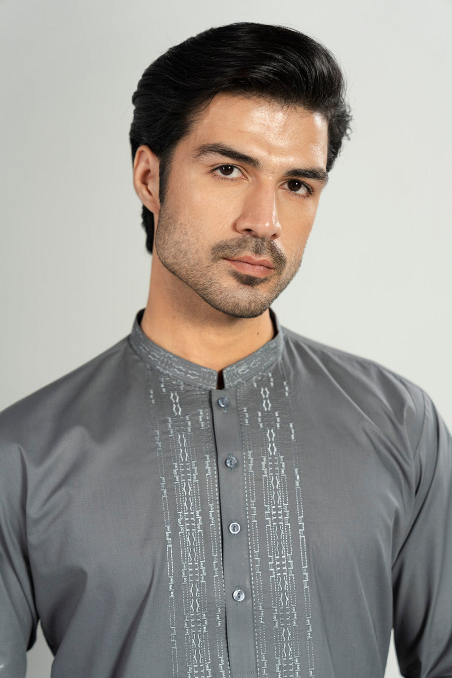 Slate Gray Silk Blend 2-Piece Kurta Set | Resham Yoke