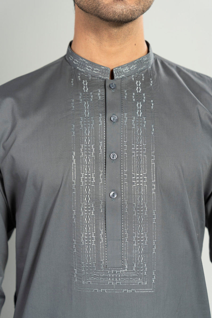 Slate Gray Silk Blend 2-Piece Kurta Set | Resham Yoke