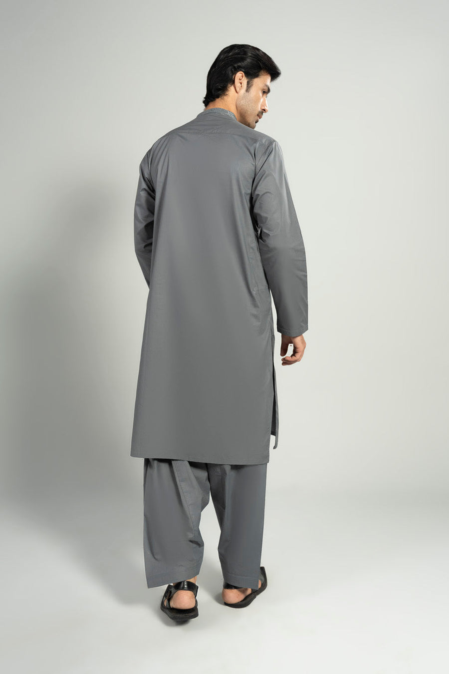 Slate Gray Silk Blend 2-Piece Kurta Set | Resham Yoke