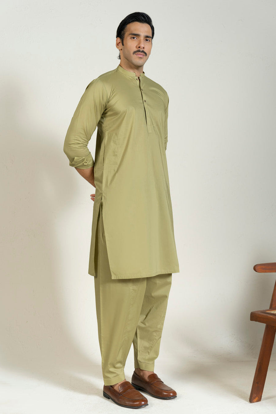 Sage Cotton 2-Piece Kurta Set | Band Collar Minimalist