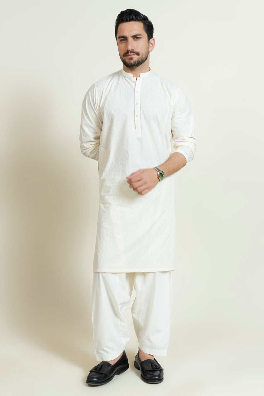 Ivory Linen 2-Piece Kurta Set | Band Collar Minimalist