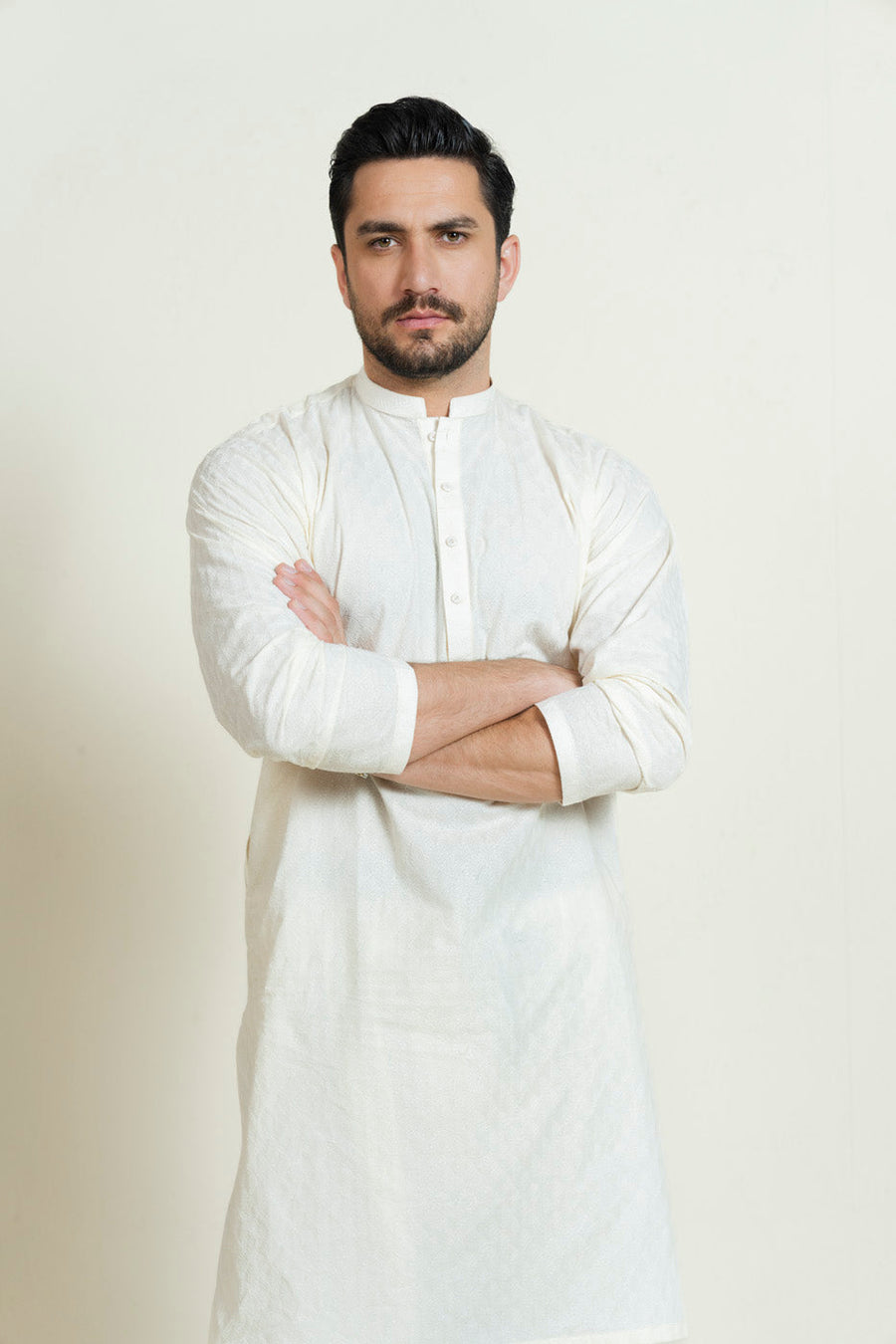 Ivory Linen 2-Piece Kurta Set | Band Collar Minimalist