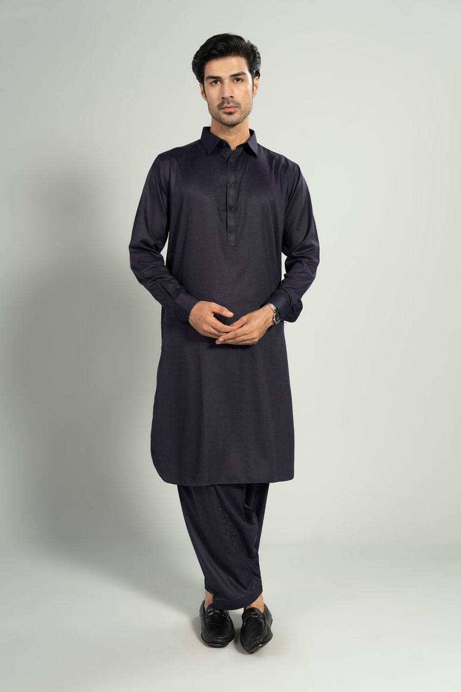 Midnight Navy Blended Fabric 2-Piece Kameez Shalwar | Band Collar