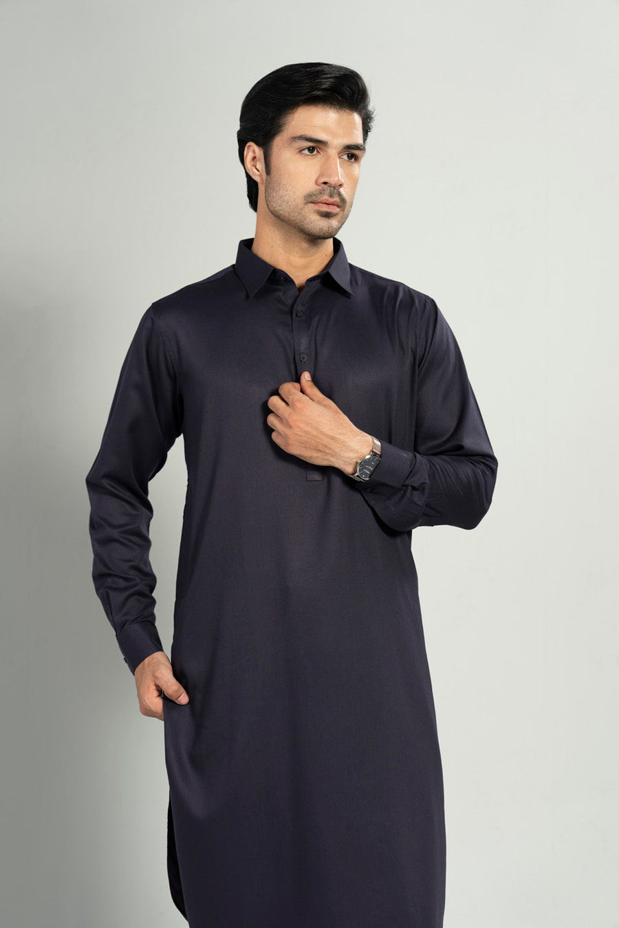 Midnight Navy Blended Fabric 2-Piece Kameez Shalwar | Band Collar