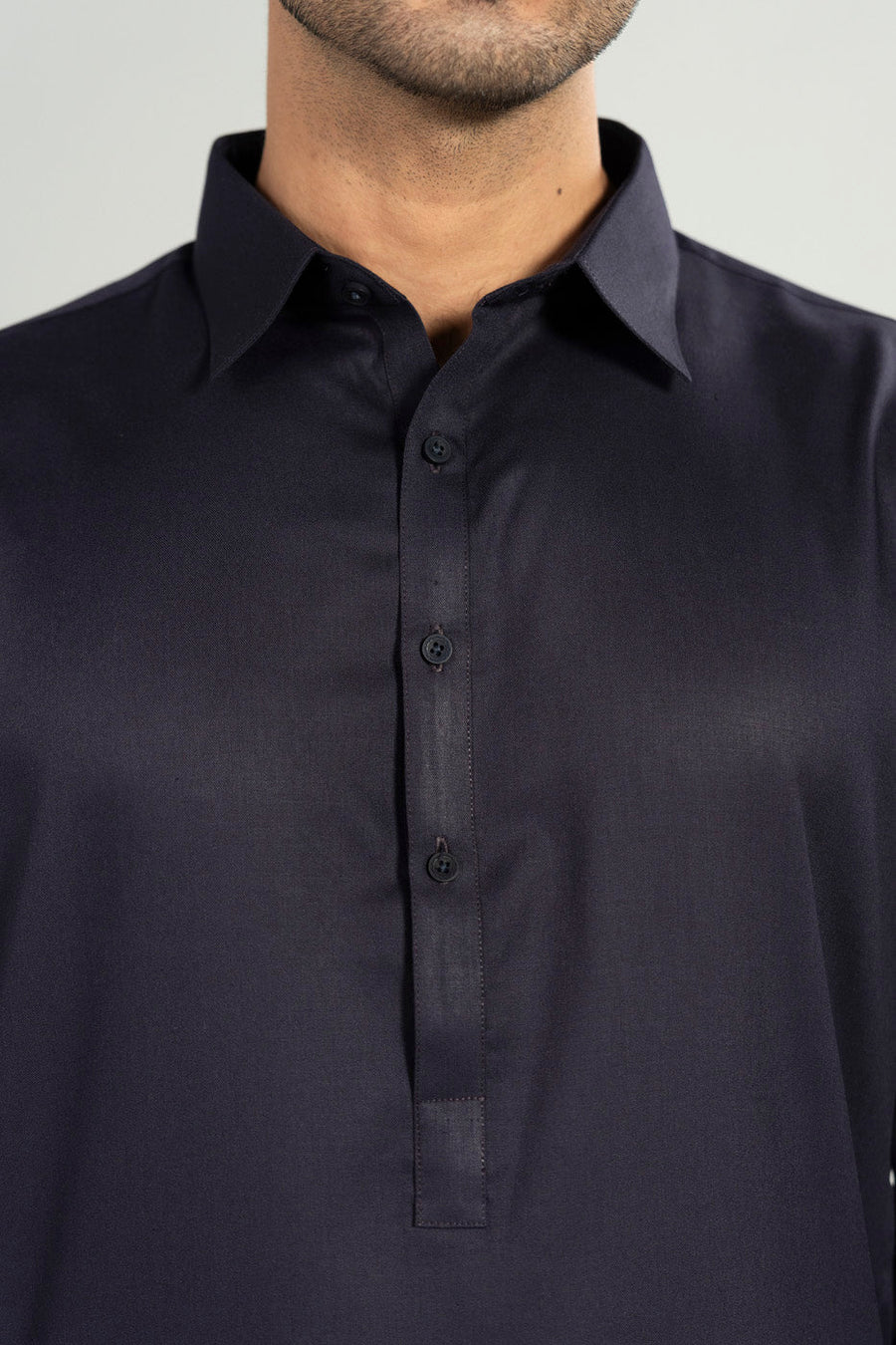 Midnight Navy Blended Fabric 2-Piece Kameez Shalwar | Band Collar