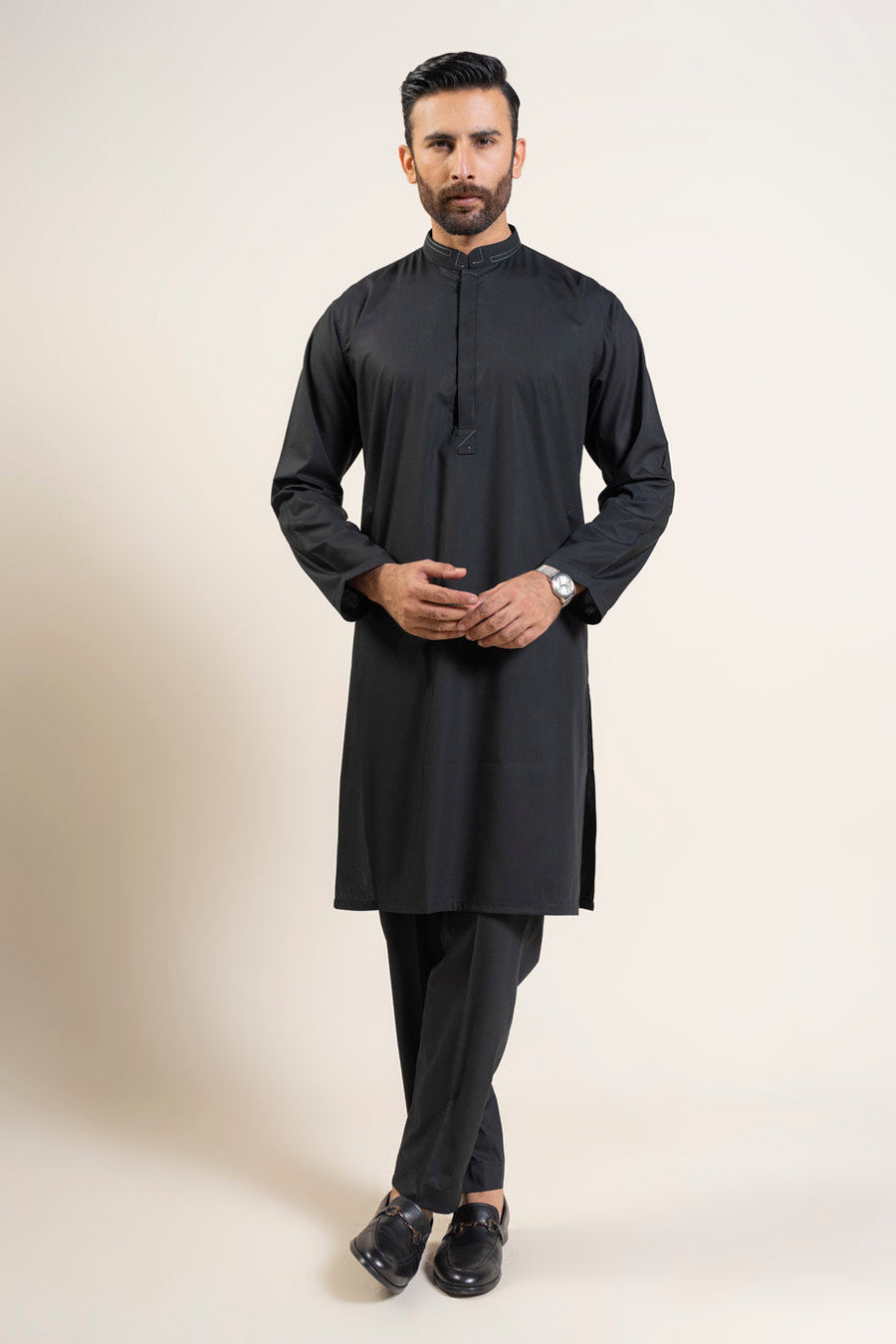 Midnight Cotton Blend 2-Piece Kurta Set | Band Collar