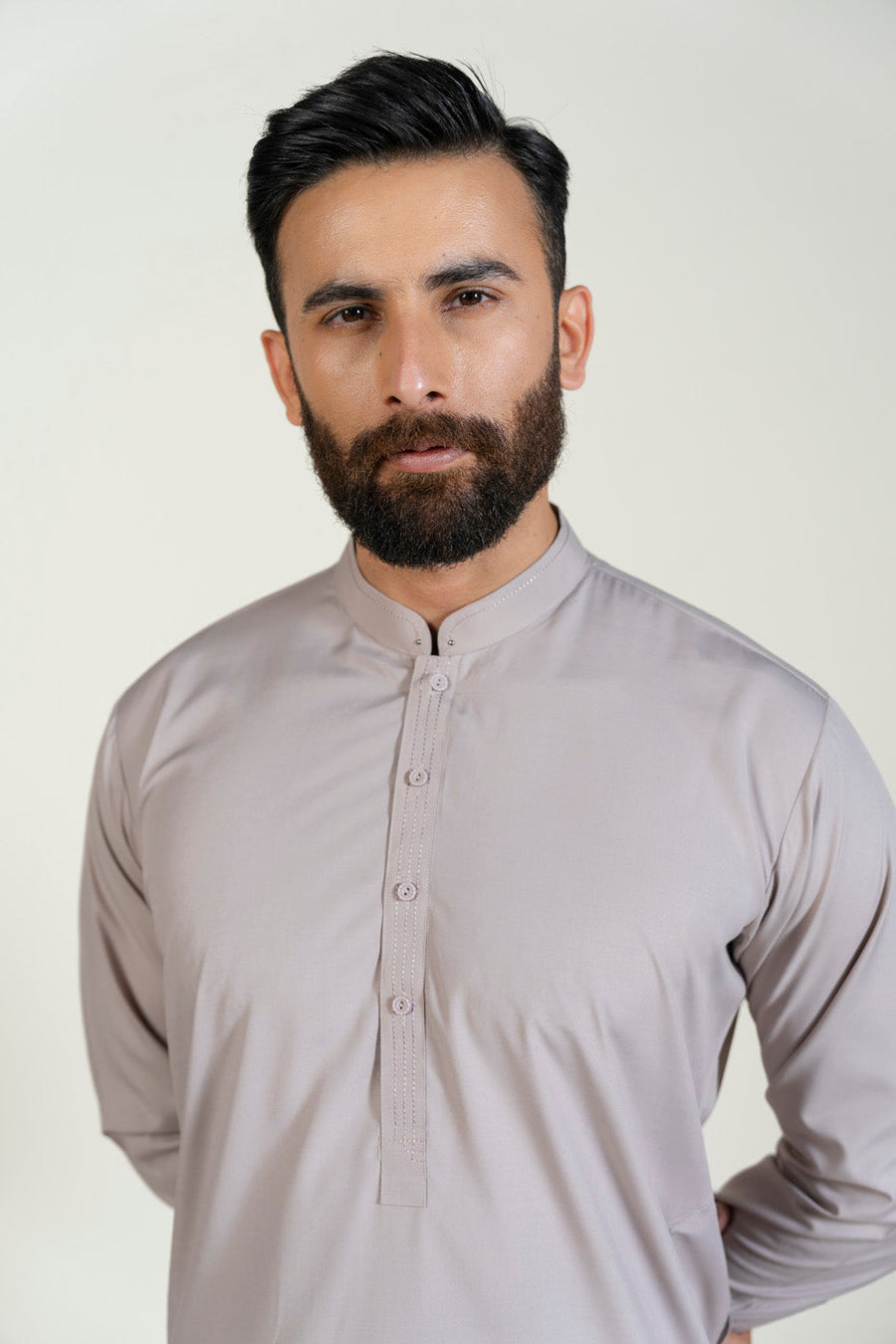 Taupe Egyptian Cotton 2-Piece Kurta | Minimalist Collar