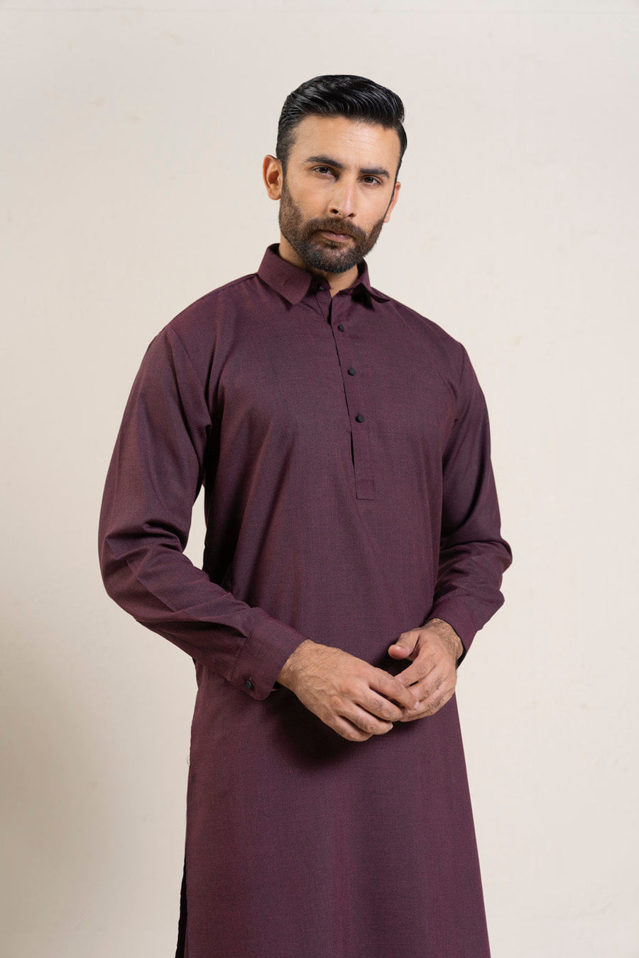 Plum Silk Blend 2-Piece Kurta Suit | Classic Collar