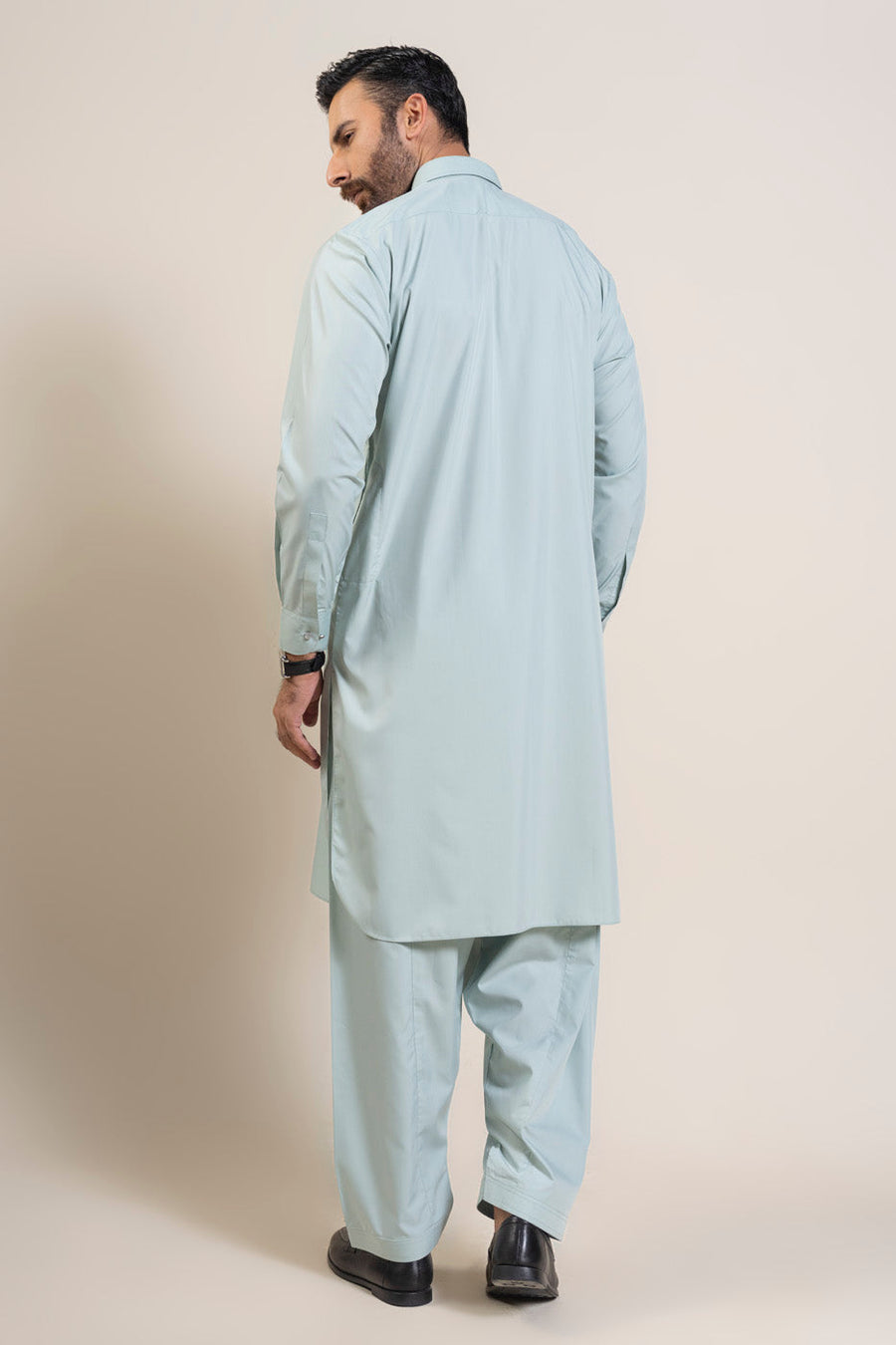 Sage Silk Blend 2-Piece Kurta Shalwar | Shirt Collar