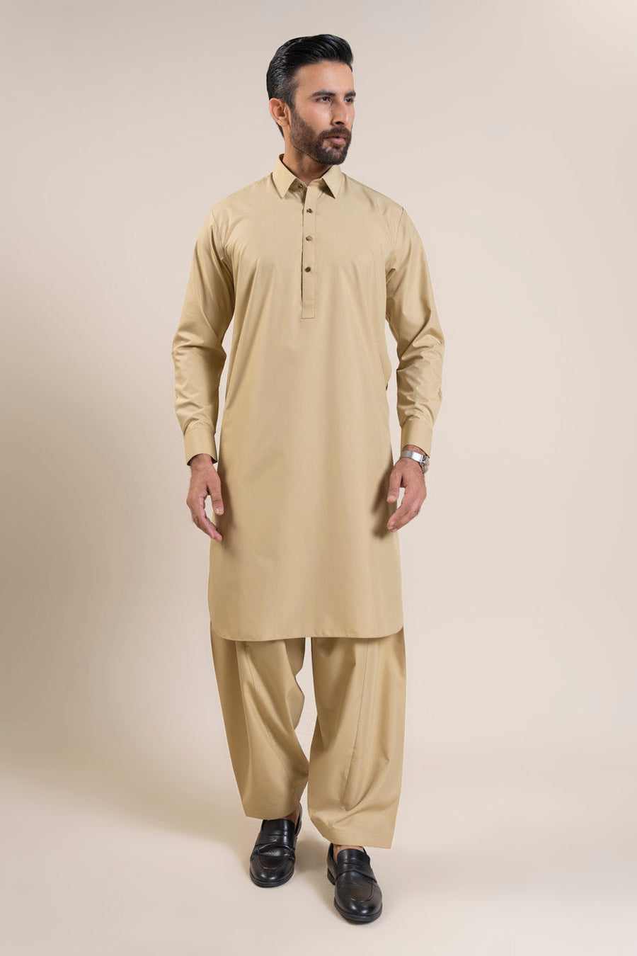 Ivory Silk Blend 2-Piece Kurta | Classic Collar Kameez