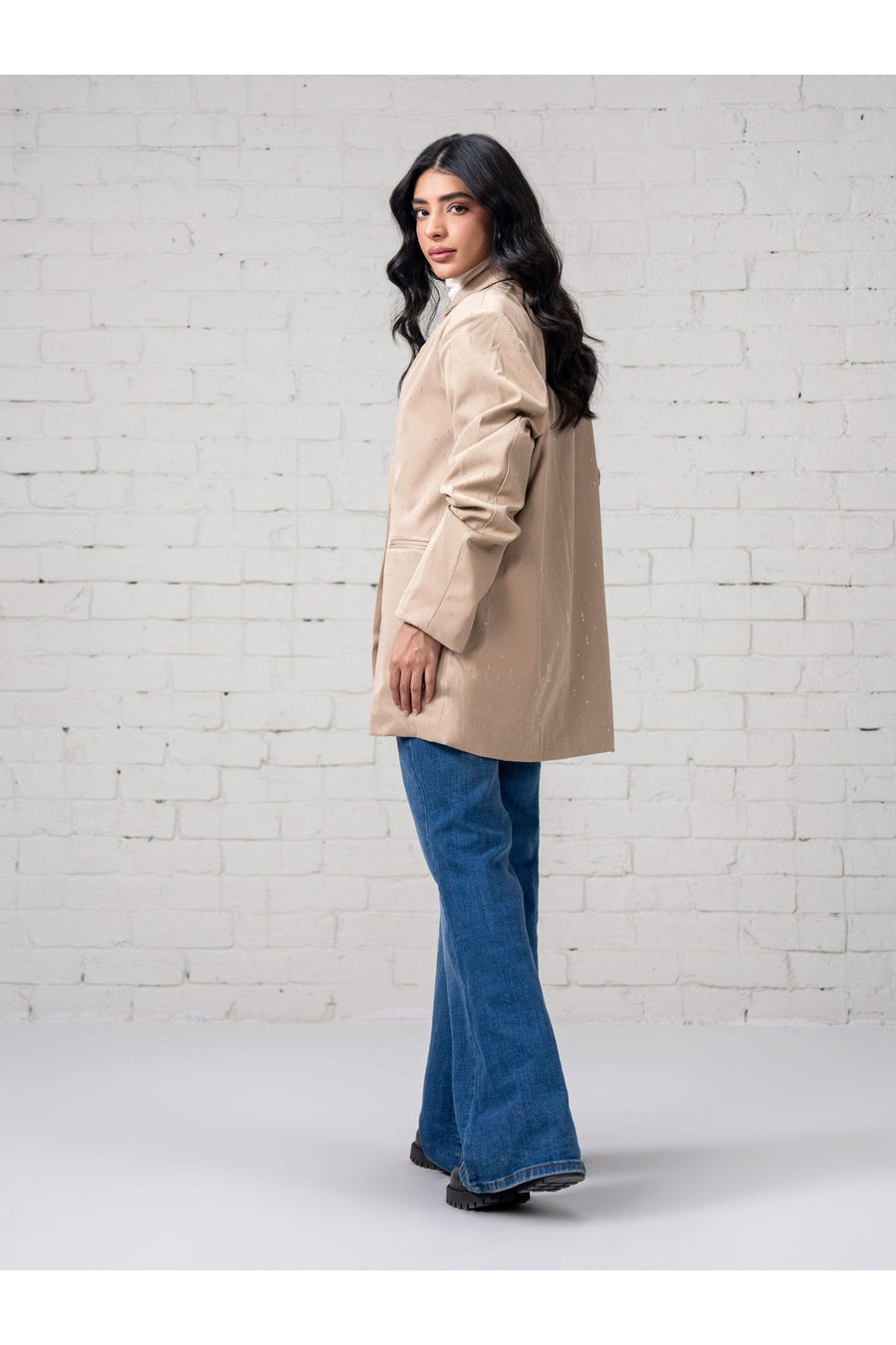 Beige Linen 1-Piece Oversized Blazer | Stone Embellishment
