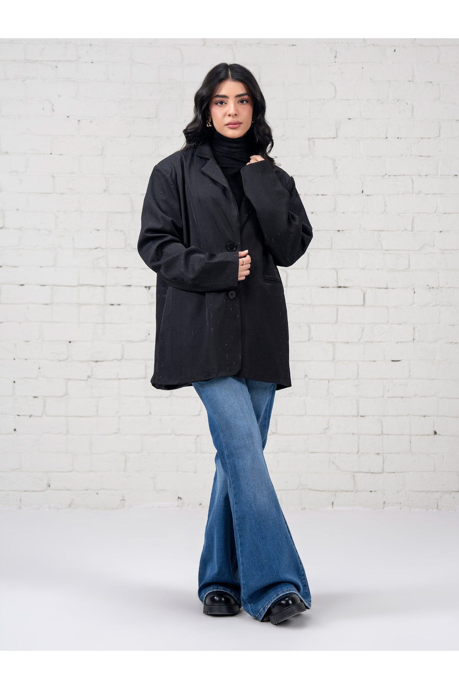 Jet Black Wool Oversized Blazer | Gemstone Hand-Set Details - Pehnaawaa