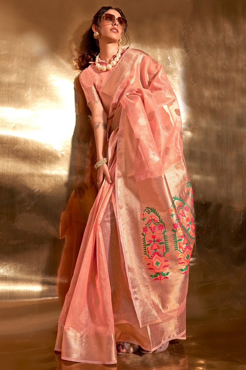 Exceptional Peach Paithani Silk Saree With Arresting Blouse Piece - Pehnaawaa
