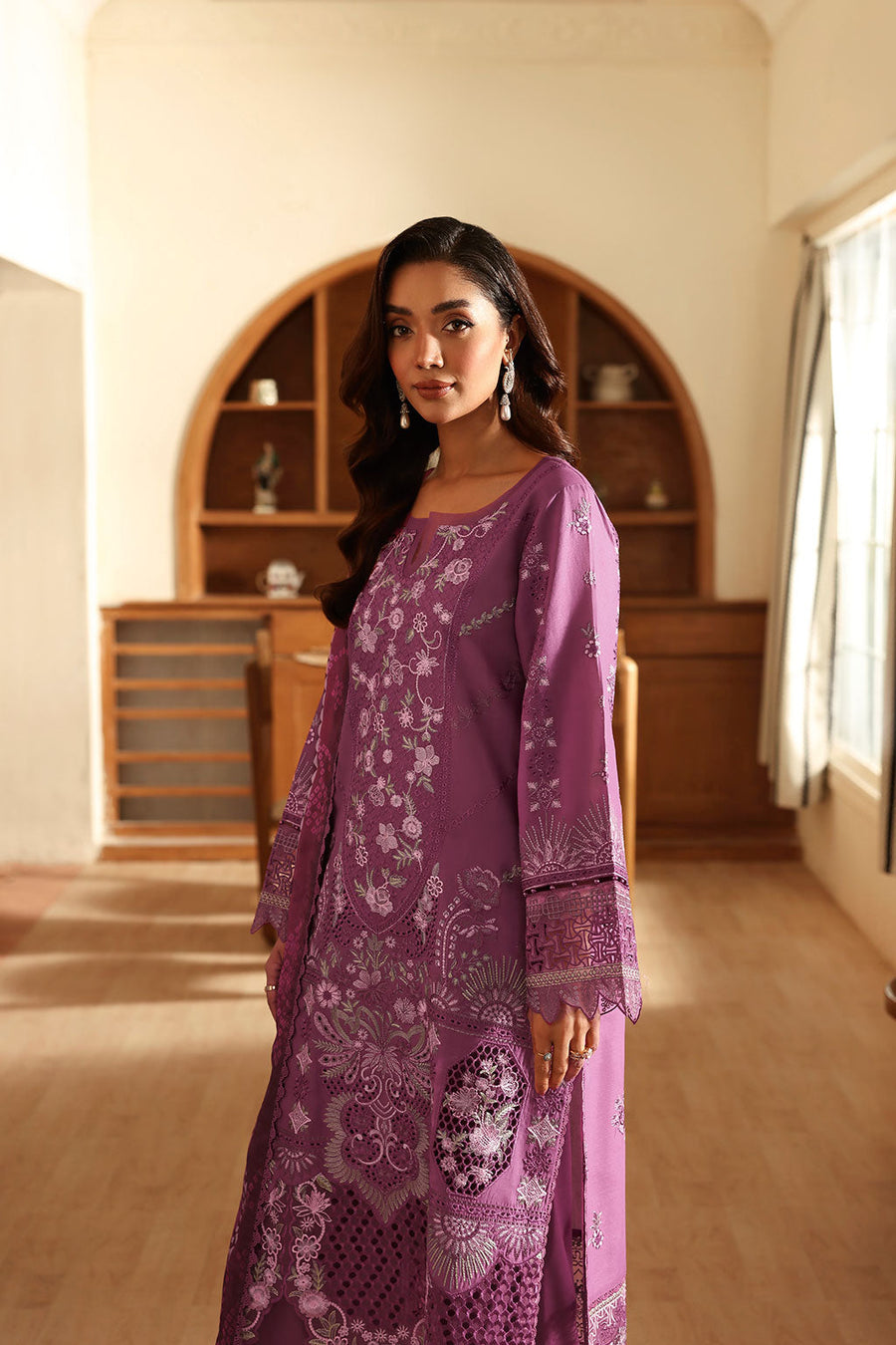 Orchid Bloom Embroidered Lawn 3-Piece Suit with Digital Printed Silk Dupatta - Pehnaawaa