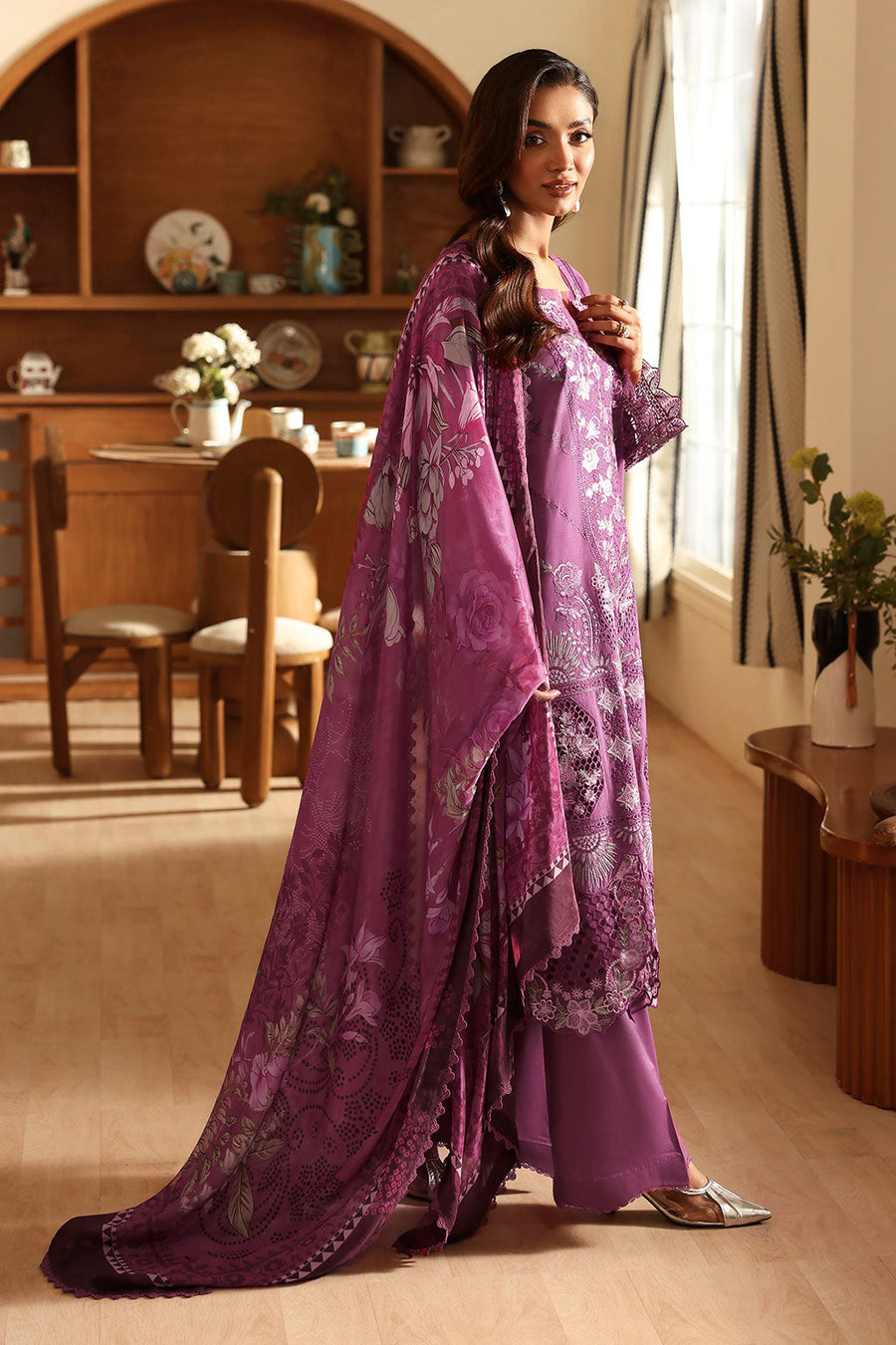 Orchid Bloom Embroidered Lawn 3-Piece Suit with Digital Printed Silk Dupatta - Pehnaawaa
