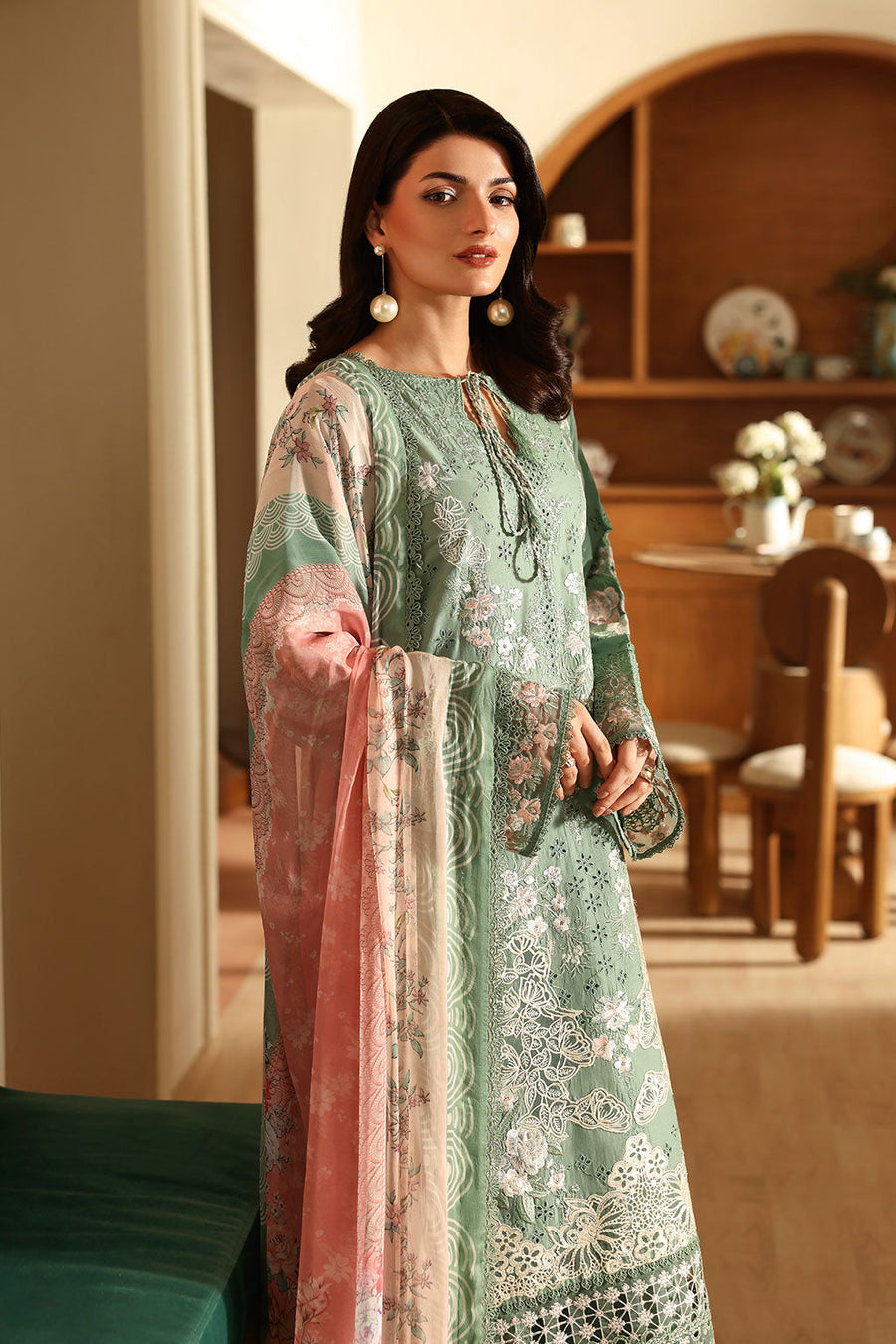 Sage Green Embroidered Lawn Suit with Digital Printed Chiffon Dupatta