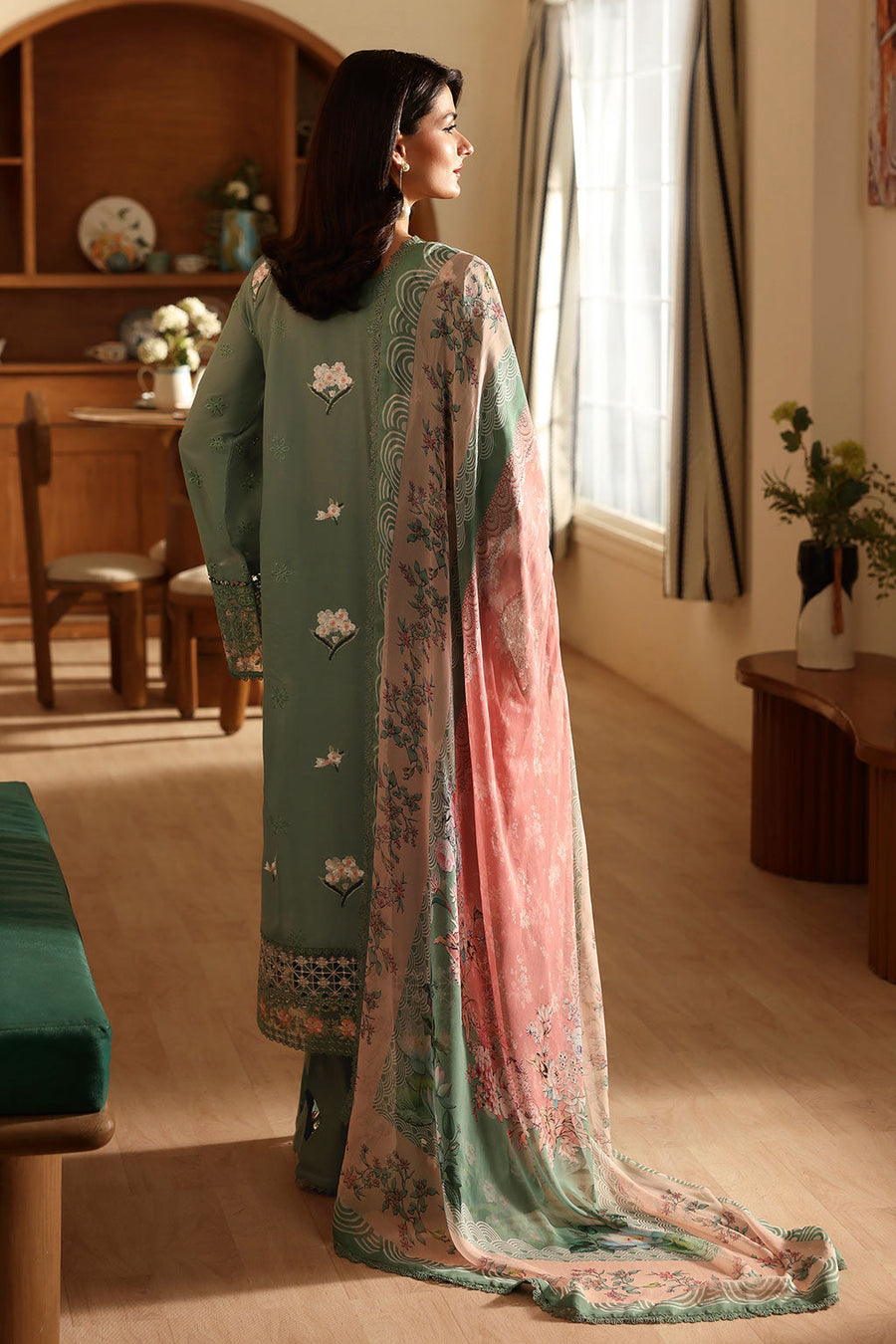 Sage Green Embroidered Lawn Suit with Digital Printed Chiffon Dupatta