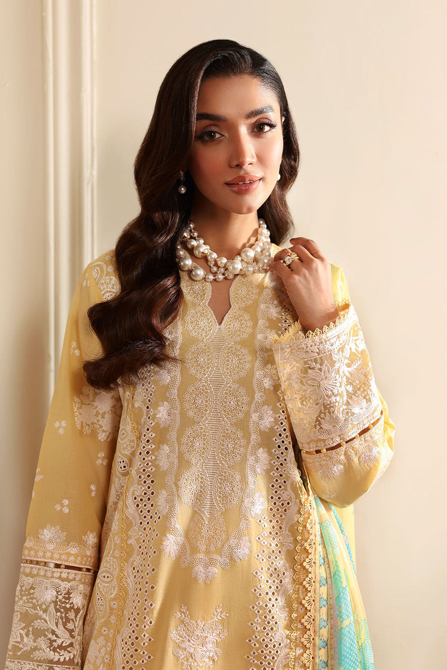 Butter Yellow Embroidered Lawn Suit with Printed Chiffon Dupatta